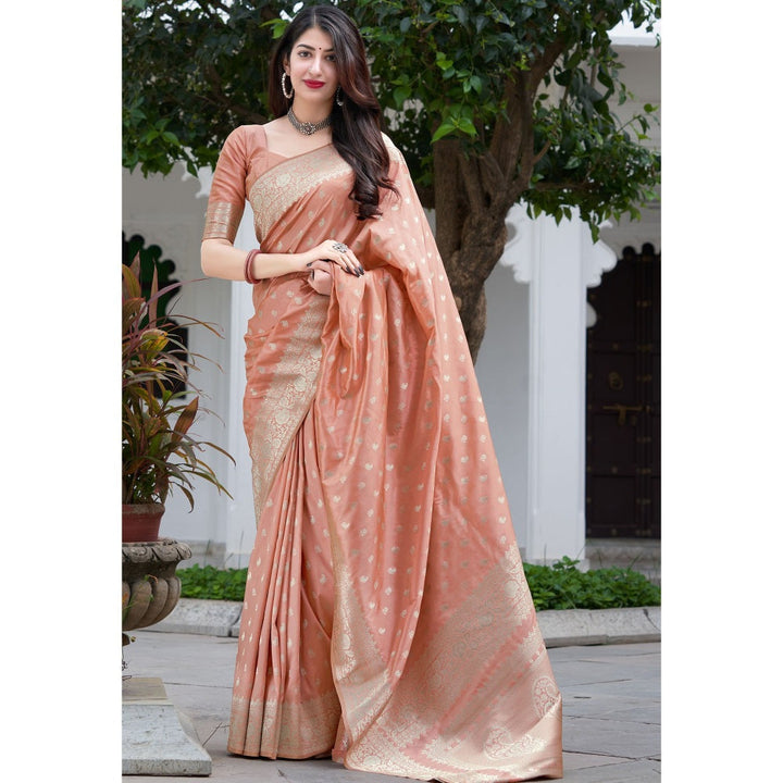 Mongolia Fashion Peach Colour Woven Traditional Designer Silk Saree with Unstitched Blouse