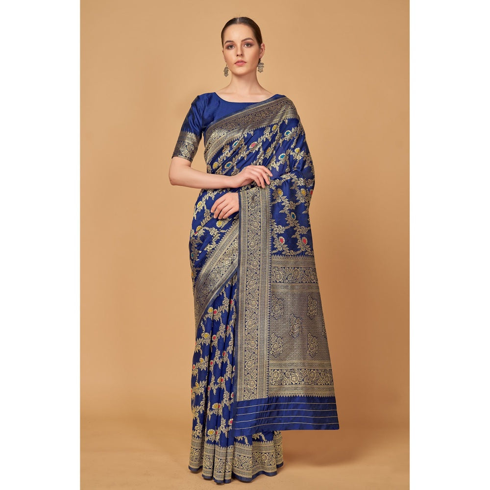 Monjolika Fashion Weaving Navy Blue Silk Classic Designer Saree with Unstitched Blouse (Set of 2)