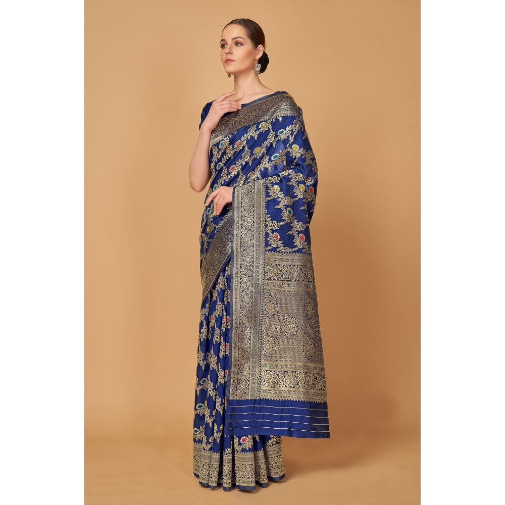 Monjolika Fashion Weaving Navy Blue Silk Classic Designer Saree with Unstitched Blouse (Set of 2)
