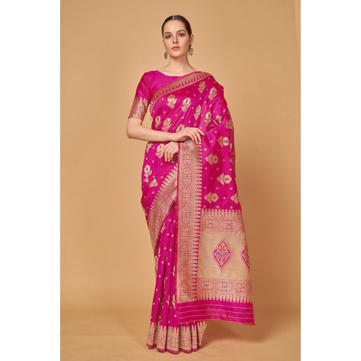Monjolika Fashion Weaving Pink Silk Classic Designer Saree with Unstitched Blouse (Set of 2)