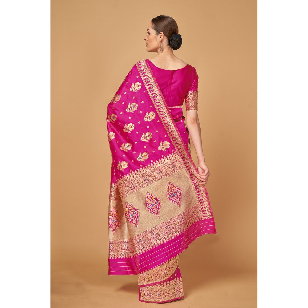 Monjolika Fashion Weaving Pink Silk Classic Designer Saree with Unstitched Blouse (Set of 2)