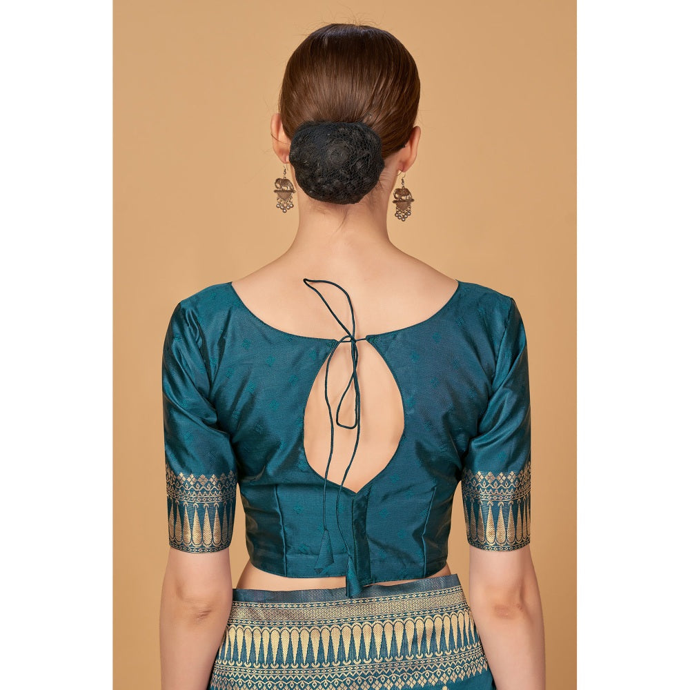 Monjolika Fashion Weaving Dark Teal Silk Classic Designer Saree with Unstitched Blouse (Set of 2)