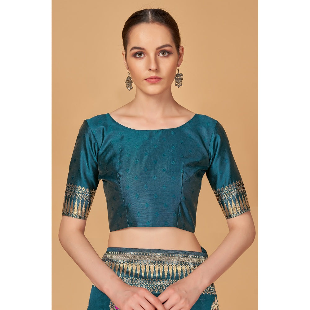 Monjolika Fashion Weaving Dark Teal Silk Classic Designer Saree with Unstitched Blouse (Set of 2)