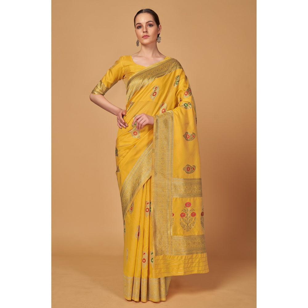 Monjolika Fashion Weaving Yellow Silk Classic Designer Saree with Unstitched Blouse (Set of 2)