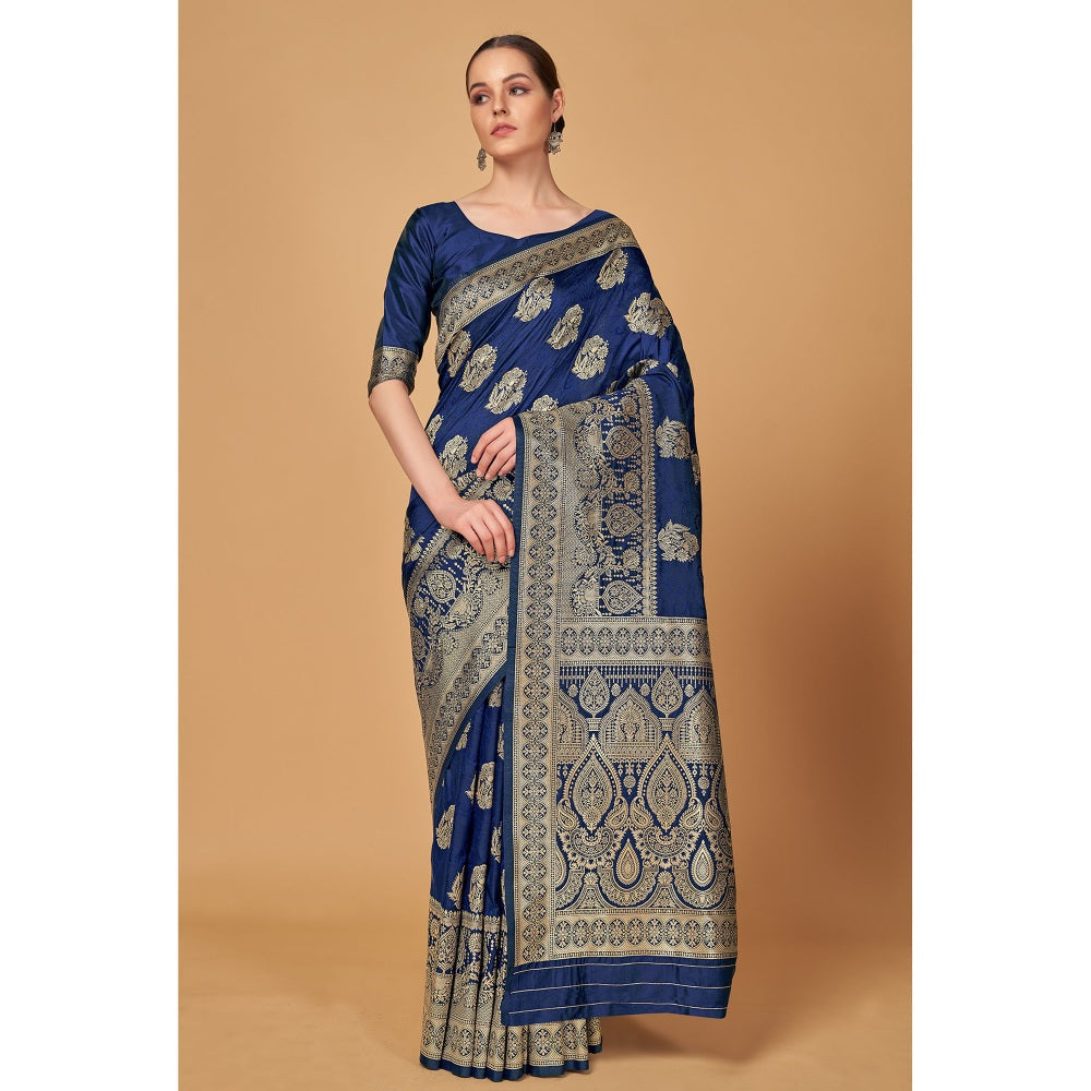 Monjolika Fashion Banarasi Silk Weaving Traditional Saree in Navy with Unstitched Blouse (Set of 2)