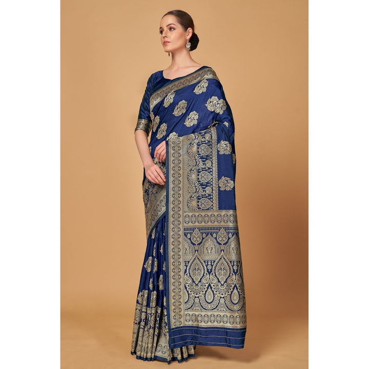 Monjolika Fashion Banarasi Silk Weaving Traditional Saree in Navy with Unstitched Blouse (Set of 2)