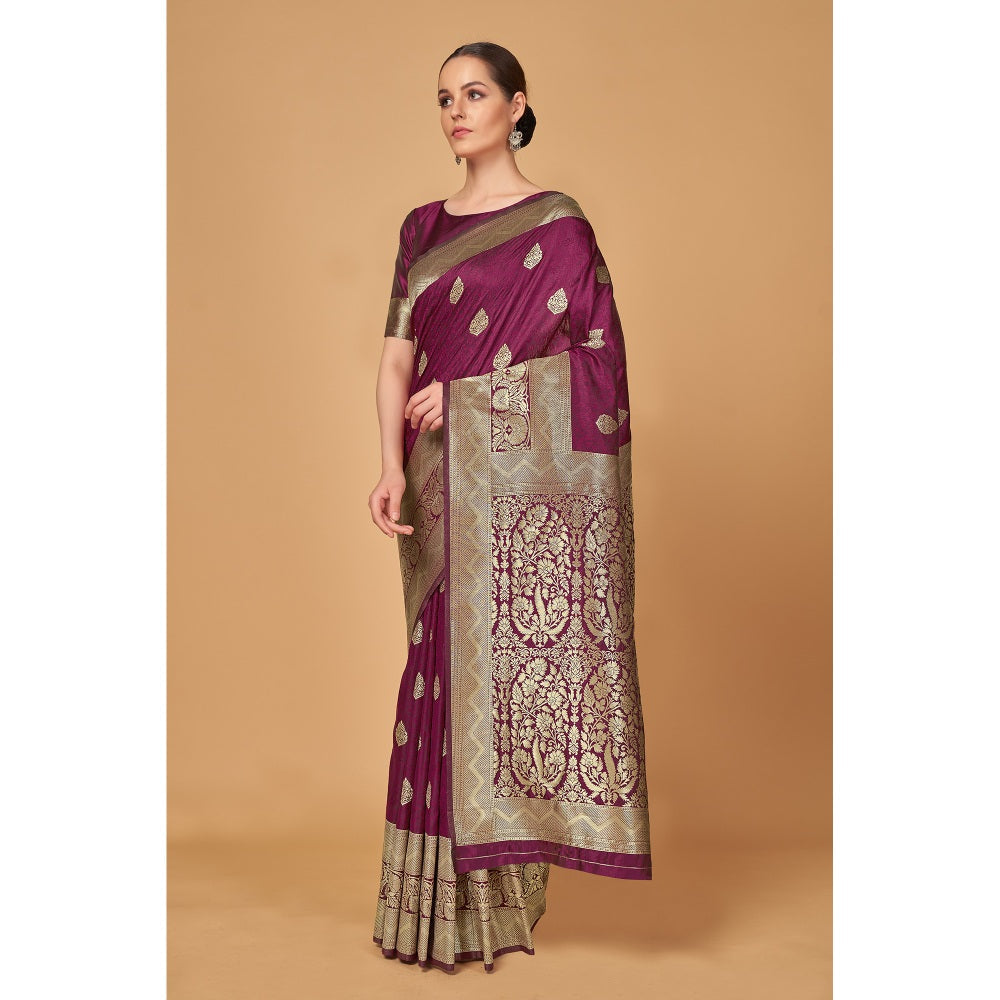 Monjolika Fashion Banarasi Silk Weaving Traditional Saree in Wine with Unstitched Blouse (Set of 2)