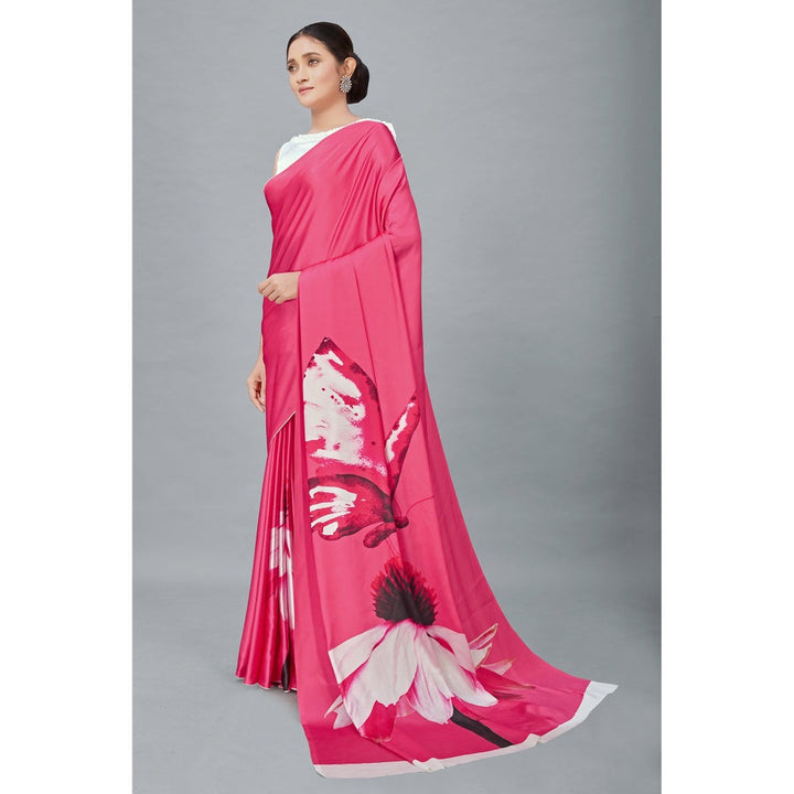 Monjolika Fashion Pink Color Satin Digital Print Saree with Unstitched Blouse