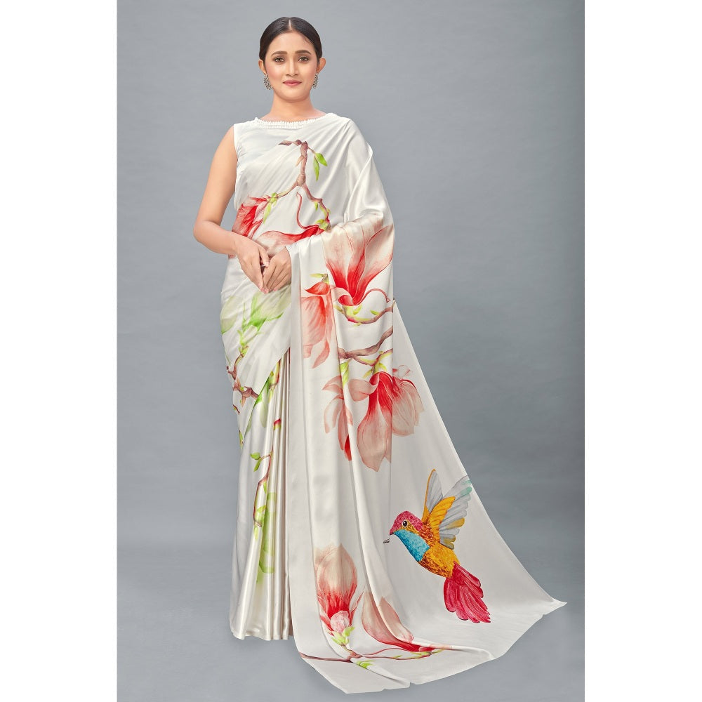 Monjolika Fashion Off White Color Satin Digital Print Saree with Unstitched Blouse