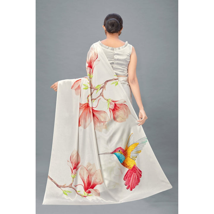 Monjolika Fashion Off White Color Satin Digital Print Saree with Unstitched Blouse