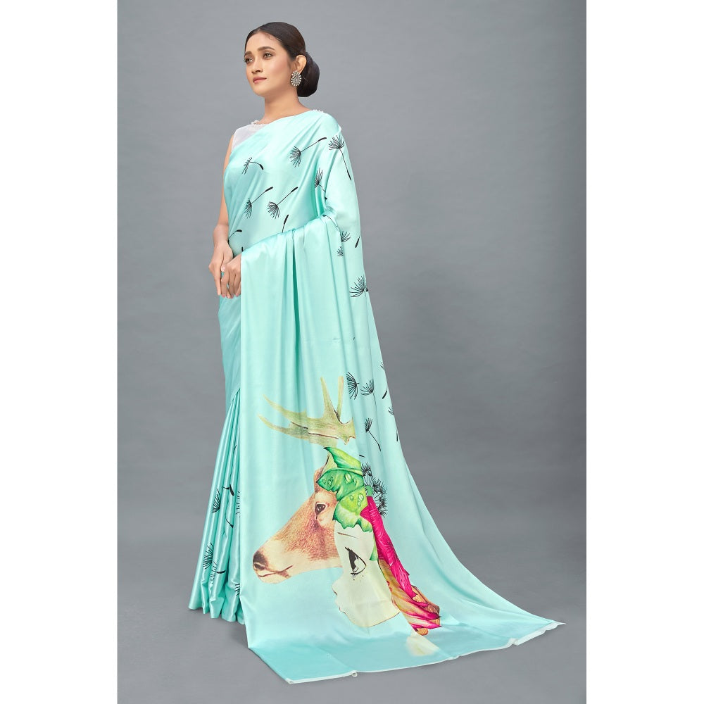 Monjolika Fashion Sky Blue Color Satin Digital Print Saree with Unstitched Blouse