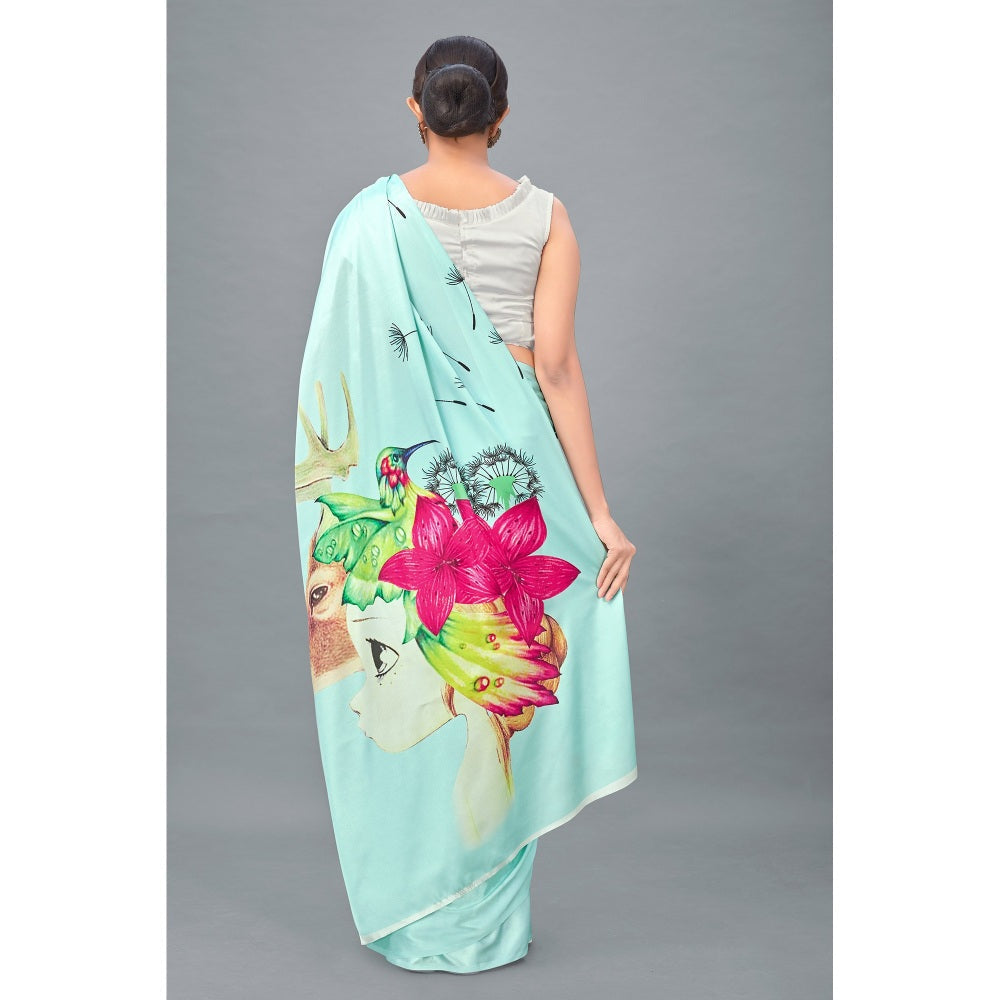 Monjolika Fashion Sky Blue Color Satin Digital Print Saree with Unstitched Blouse