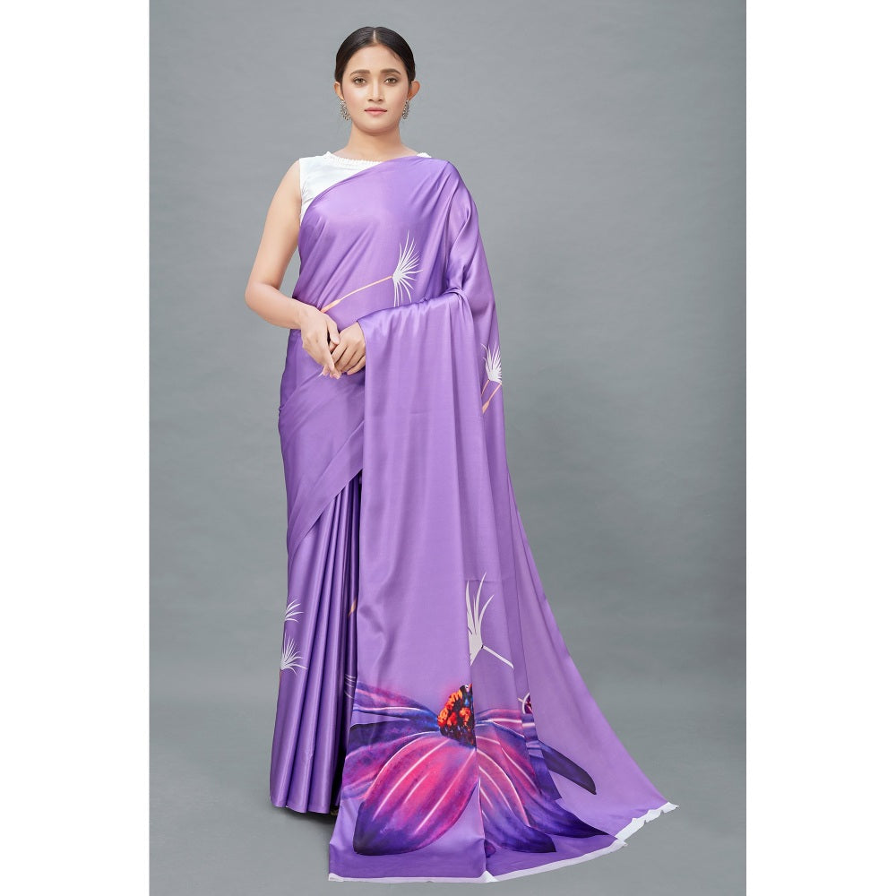 Monjolika Fashion Lavender Color Satin Digital Print Saree with Unstitched Blouse