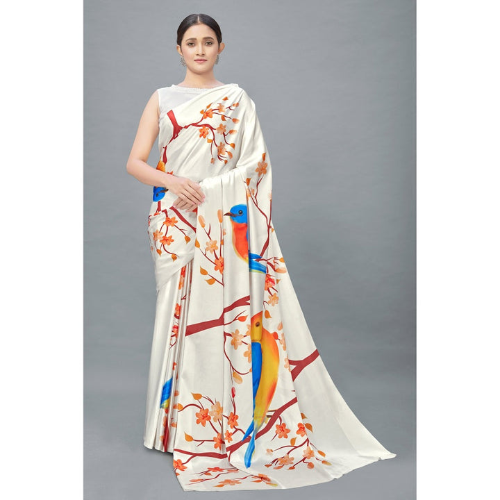 Monjolika Fashion Cream Color Satin Digital Print Saree with Unstitched Blouse