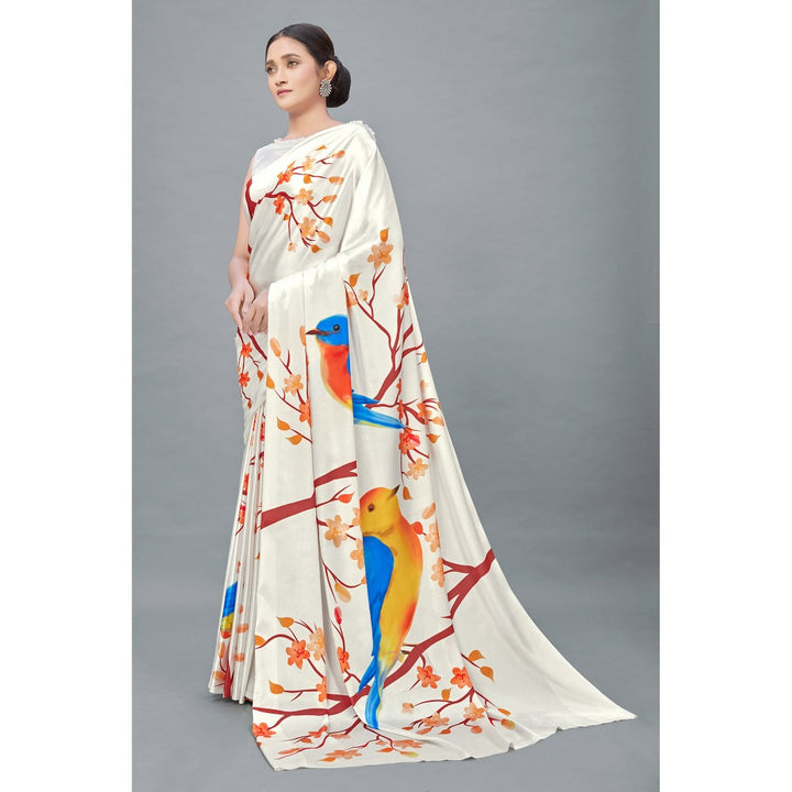 Monjolika Fashion Cream Color Satin Digital Print Saree with Unstitched Blouse