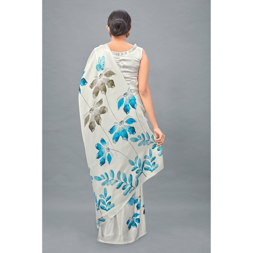Monjolika Fashion White Color Satin Digital Print Saree with Unstitched Blouse