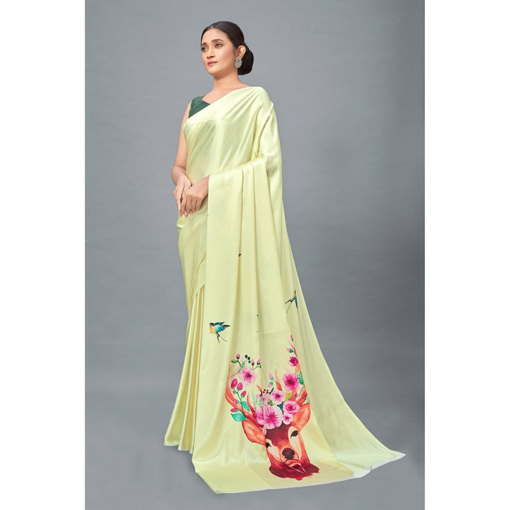 Monjolika Fashion Light Yellow Green Color Satin Digital Print Saree with Unstitched Blouse
