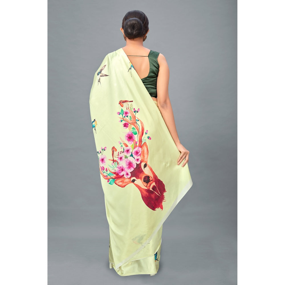 Monjolika Fashion Light Yellow Green Color Satin Digital Print Saree with Unstitched Blouse