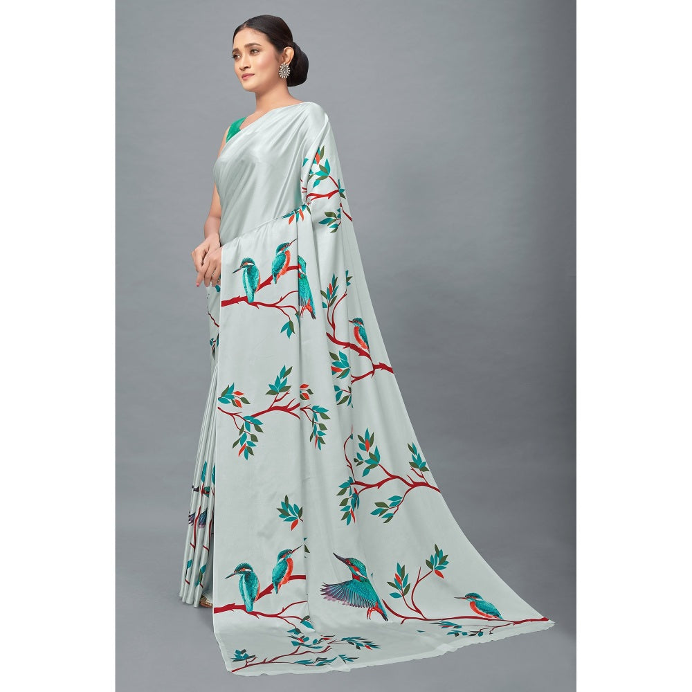 Monjolika Fashion Light Grey Color Satin Digital Print Saree with Unstitched Blouse
