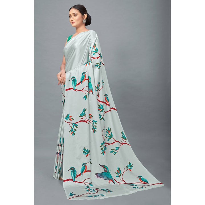 Monjolika Fashion Light Grey Color Satin Digital Print Saree with Unstitched Blouse