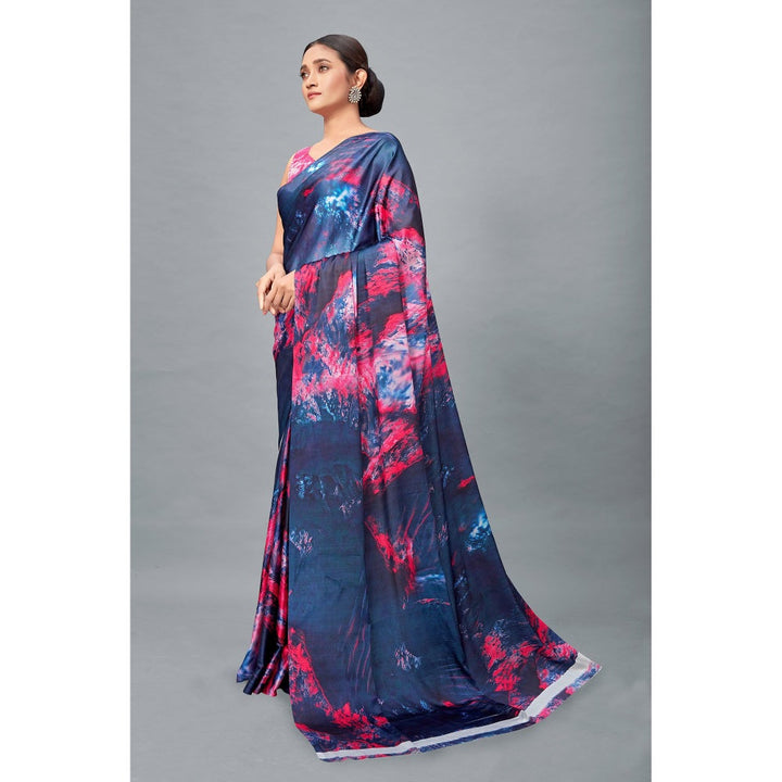 Monjolika Fashion Blue Color Satin Digital Print Saree with Unstitched Blouse