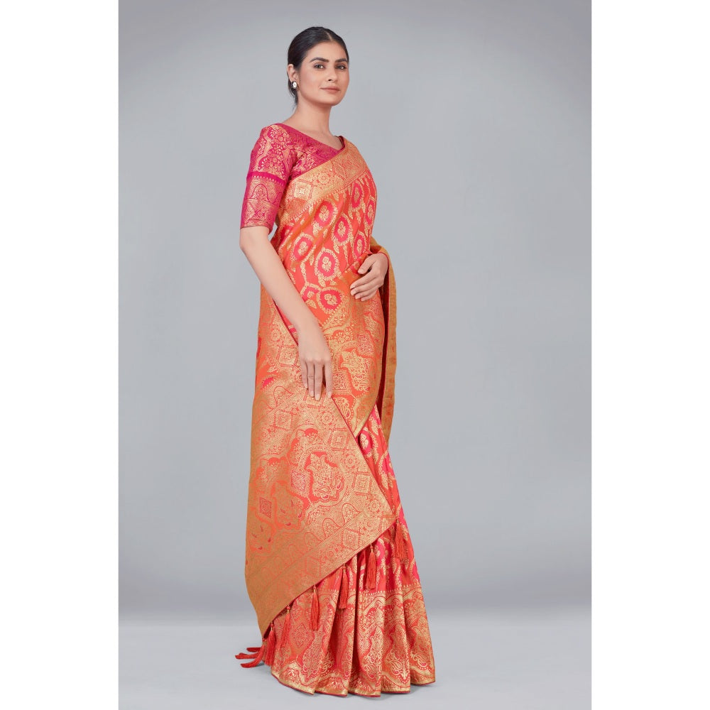 Monjolika Fashion Peach Color Zari Wedding Banarasi Silk Traditional Saree with Unstitched Blouse
