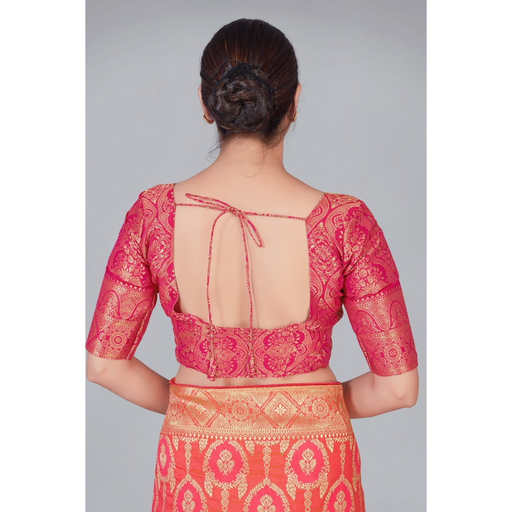 Monjolika Fashion Peach Color Zari Wedding Banarasi Silk Traditional Saree with Unstitched Blouse