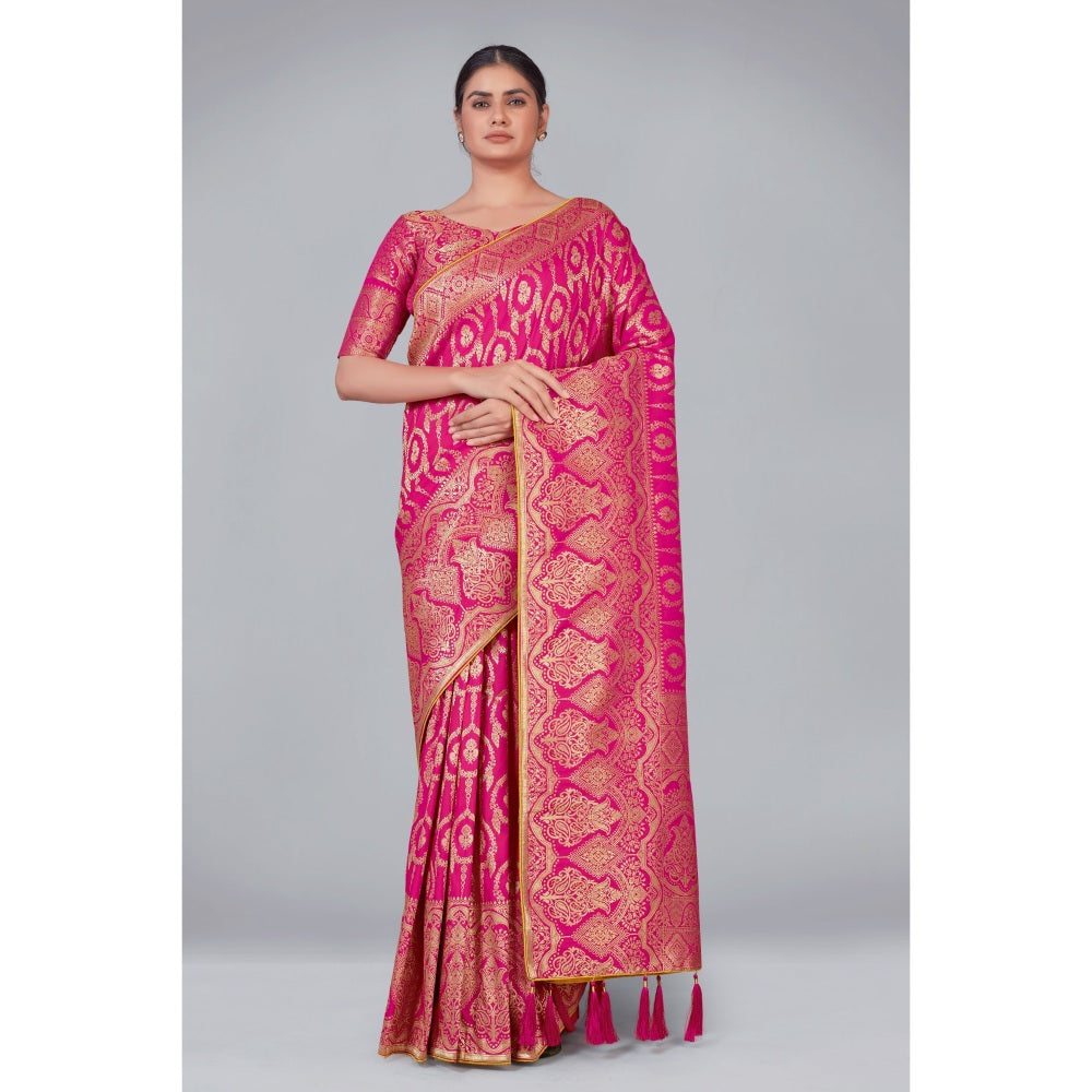 Monjolika Fashion Rani Color Zari Wedding Banarasi Silk Traditional Saree with Unstitched Blouse