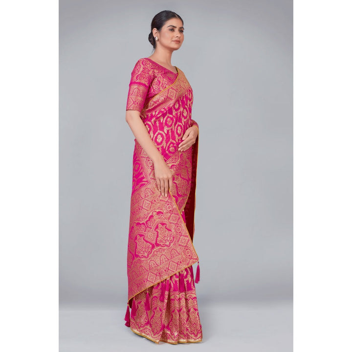 Monjolika Fashion Rani Color Zari Wedding Banarasi Silk Traditional Saree with Unstitched Blouse