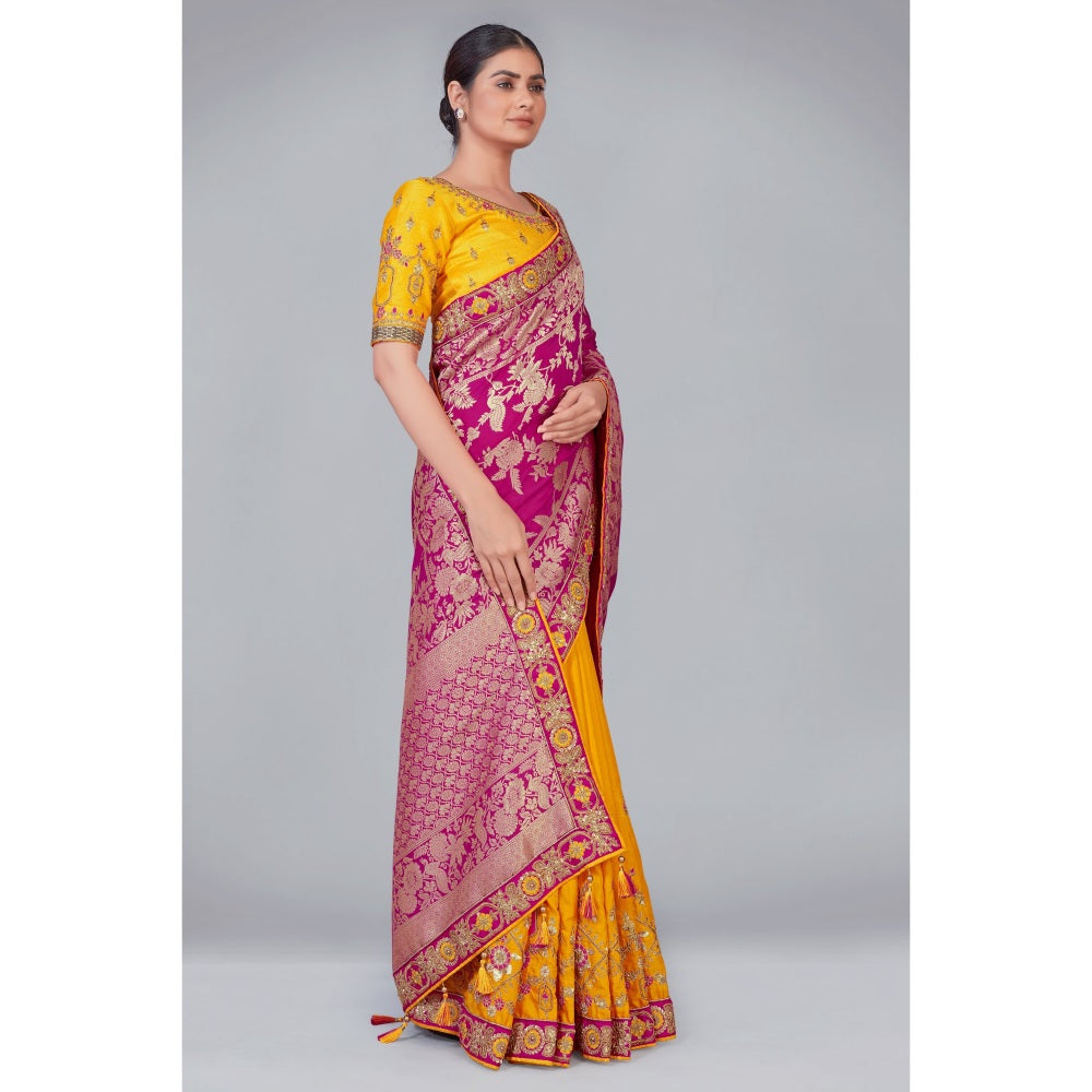 Monjolika Fashion Magenta & Yellow Zari Banarasi Silk Traditional Saree with Unstitched Blouse