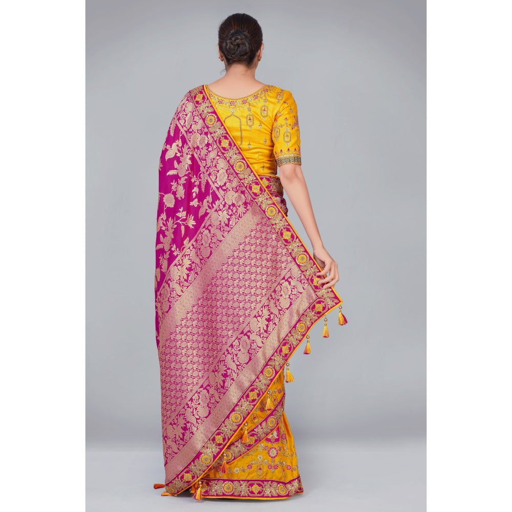 Monjolika Fashion Magenta & Yellow Zari Banarasi Silk Traditional Saree with Unstitched Blouse