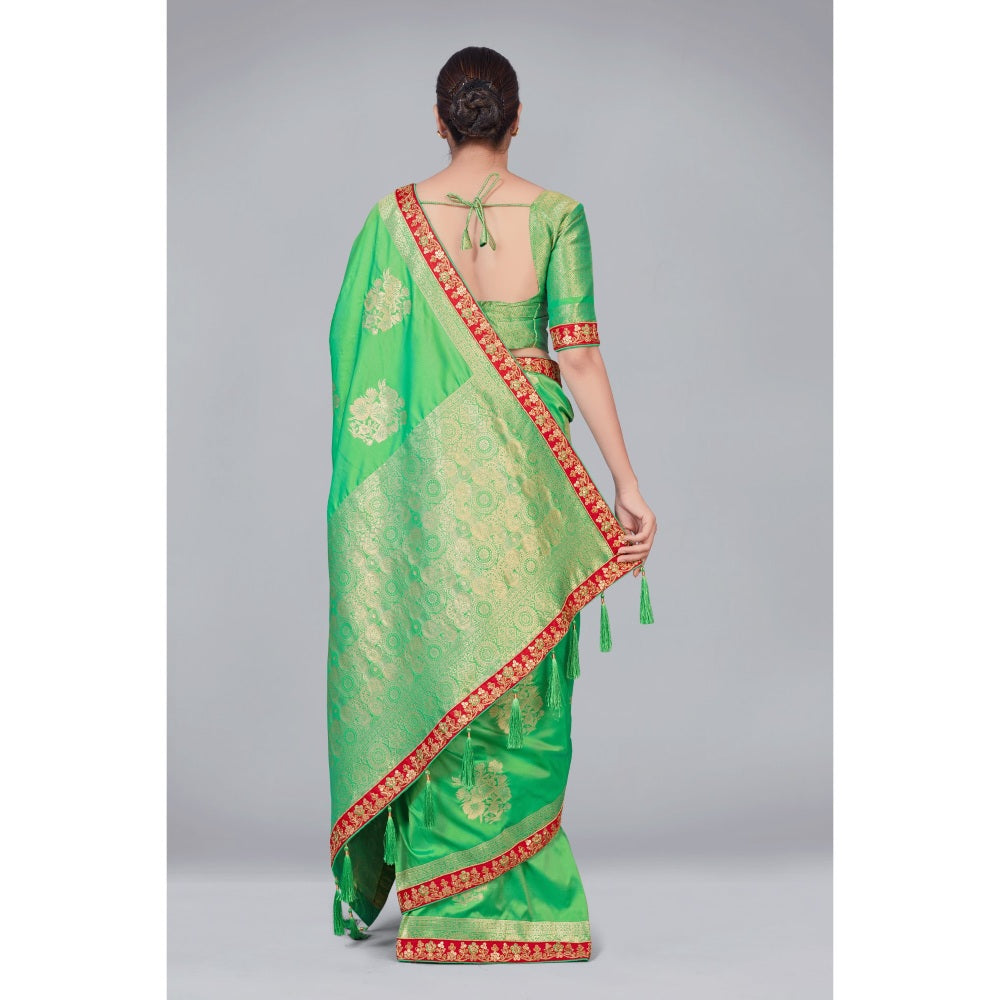 Monjolika Fashion Light Green Zari Wedding Banarasi Silk Traditional Saree with Unstitched Blouse