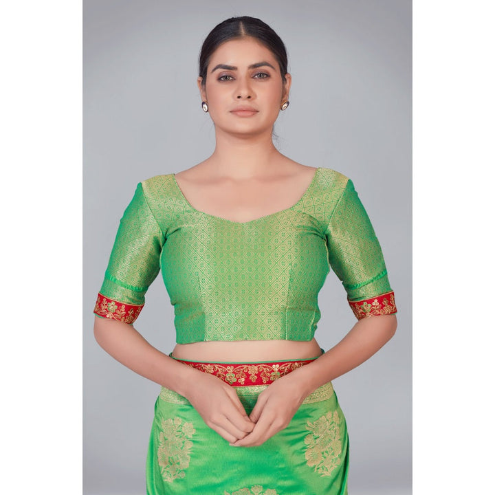 Monjolika Fashion Light Green Zari Wedding Banarasi Silk Traditional Saree with Unstitched Blouse