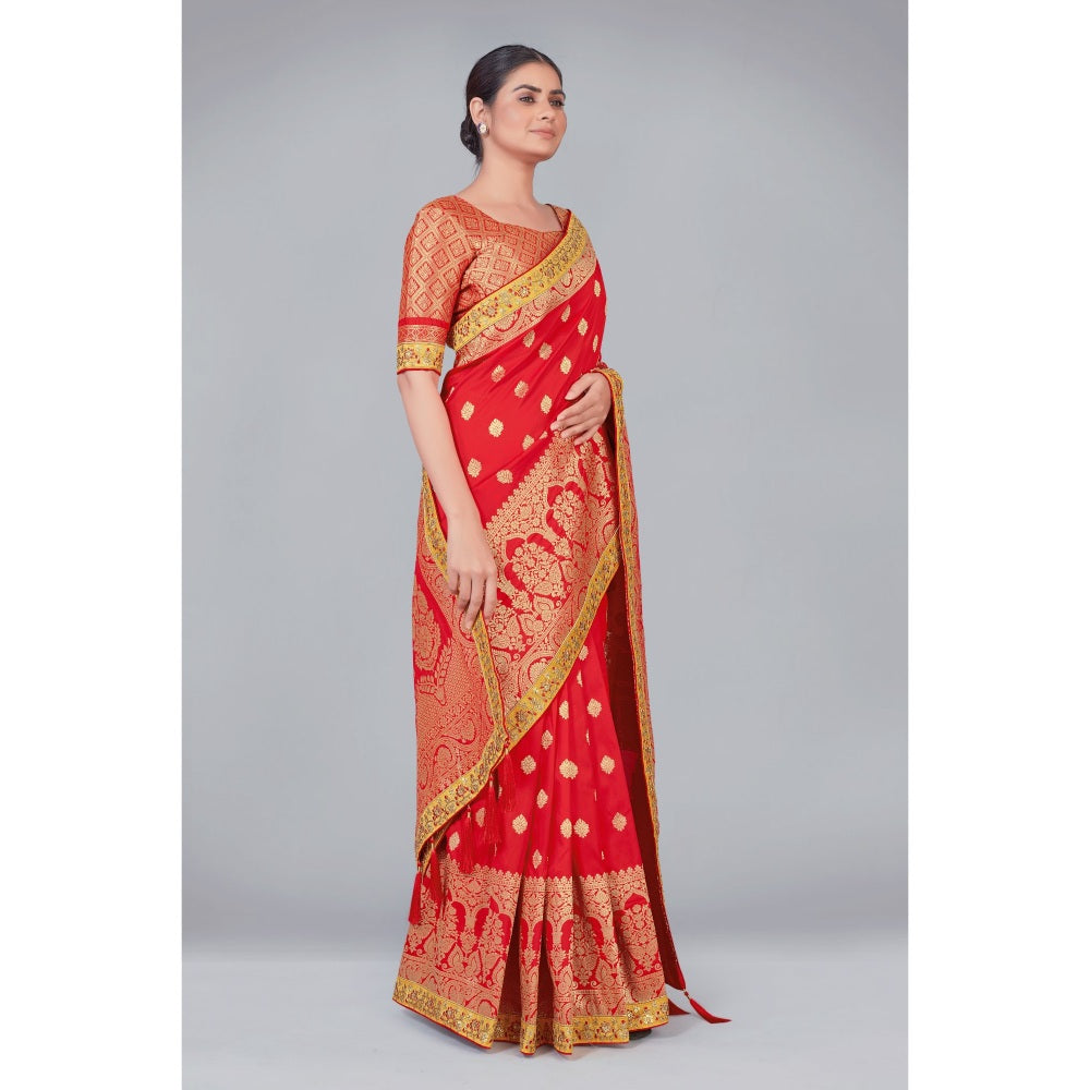 Monjolika Fashion Red Color Zari Wedding Banarasi Silk Traditional Saree with Unstitched Blouse