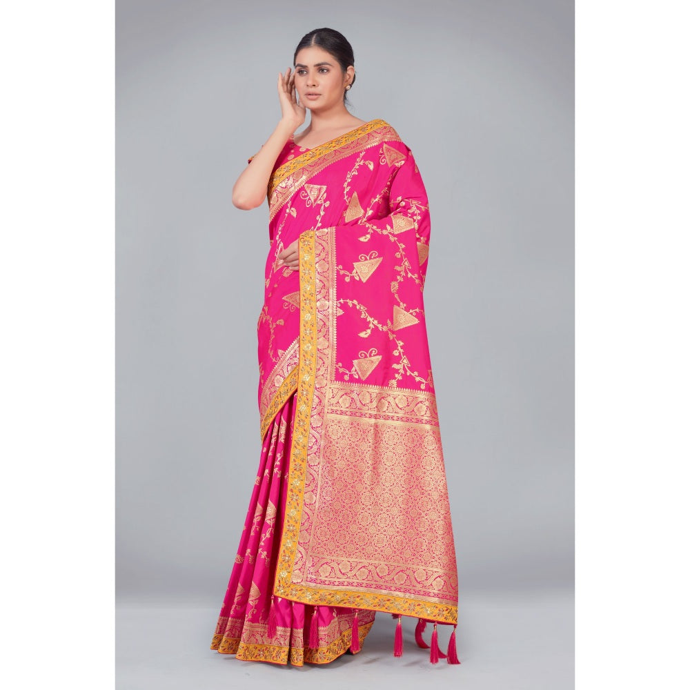 Rani Pink Banarasi Silk Traditional All Over Floral Woven Saree -...