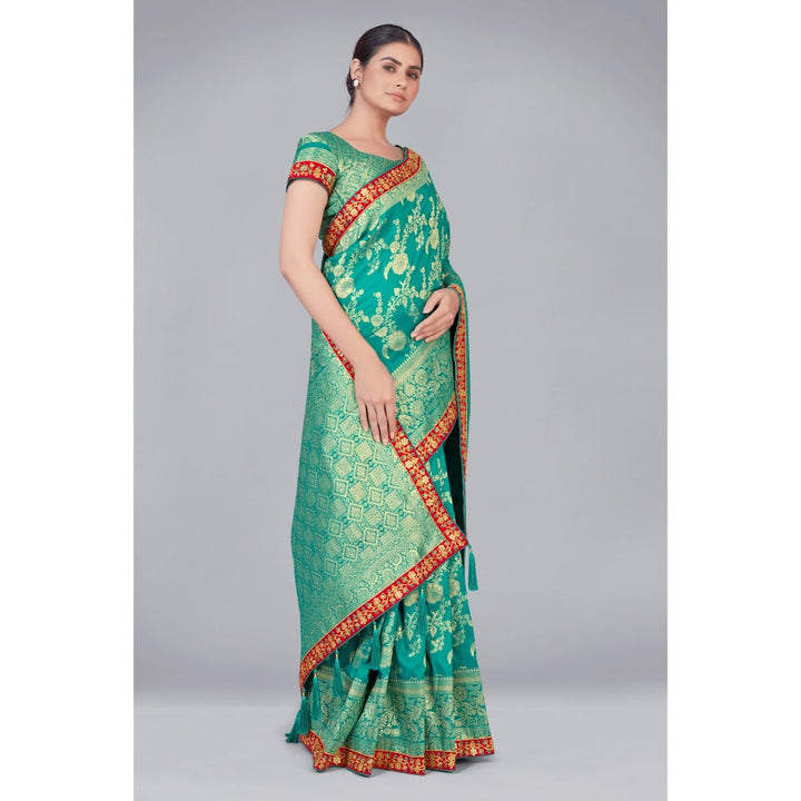 Monjolika Fashion Turquoise Zari Wedding Banarasi Silk Traditional Saree with Unstitched Blouse