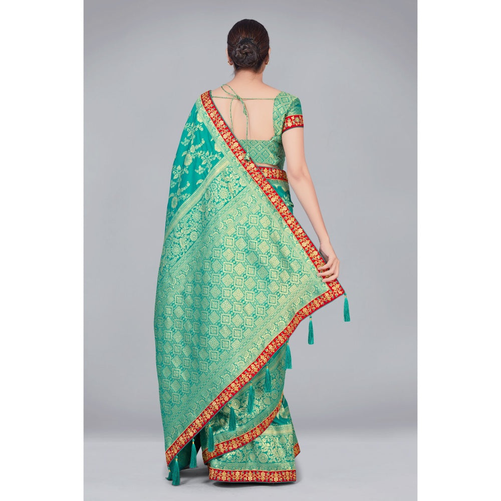 Monjolika Fashion Turquoise Zari Wedding Banarasi Silk Traditional Saree with Unstitched Blouse
