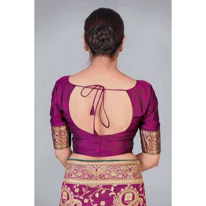 Monjolika Fashion Banarasi Silk Purple Zari Woven Traditional Saree with Unstitched Blouse