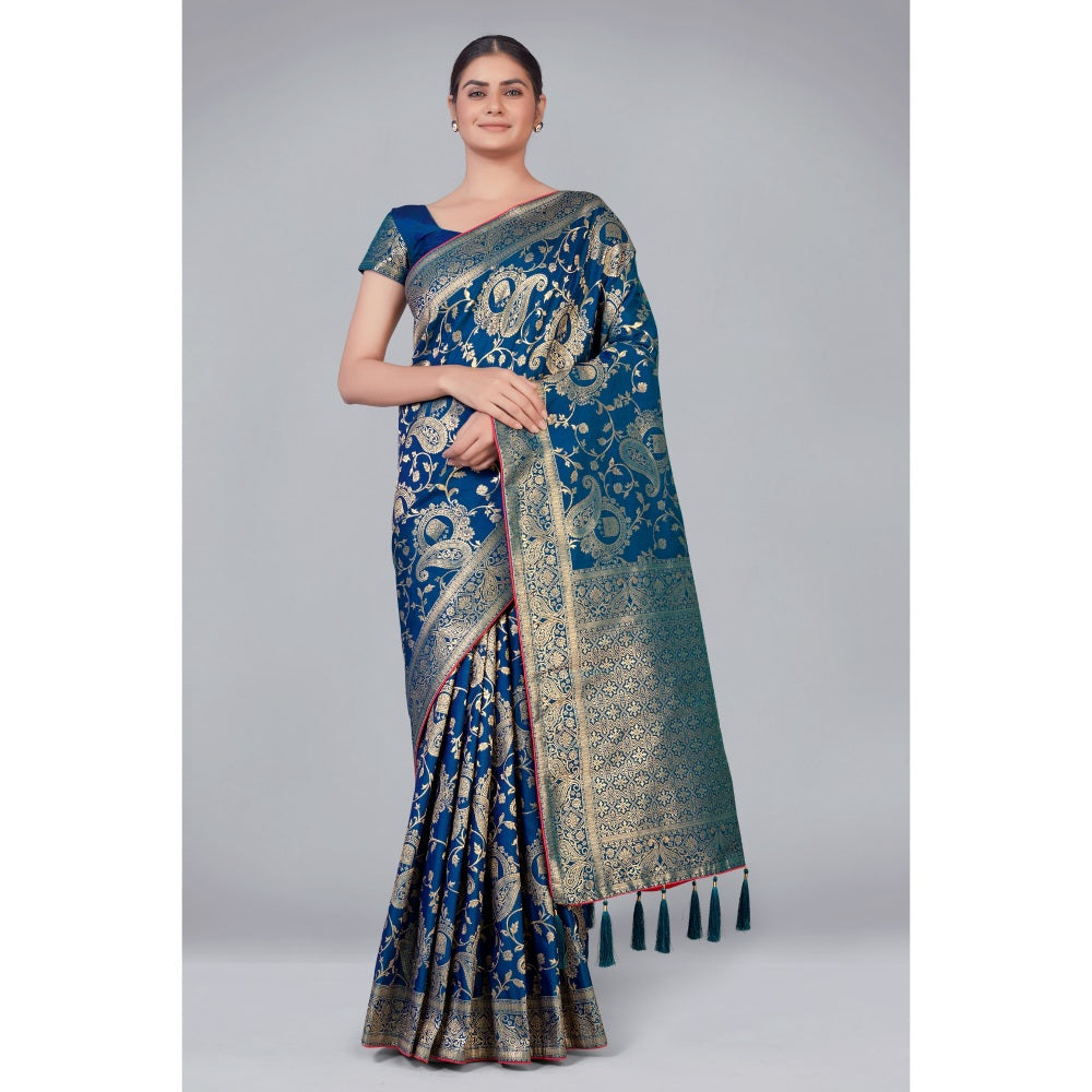 Monjolika Fashion Banarasi Silk Teal Zari Woven Traditional Saree with Unstitched Blouse