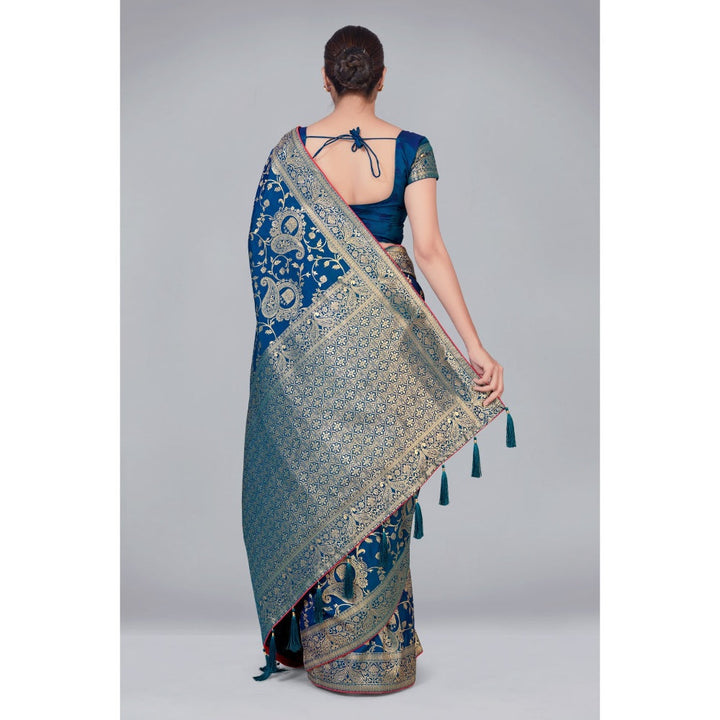 Monjolika Fashion Banarasi Silk Teal Zari Woven Traditional Saree with Unstitched Blouse