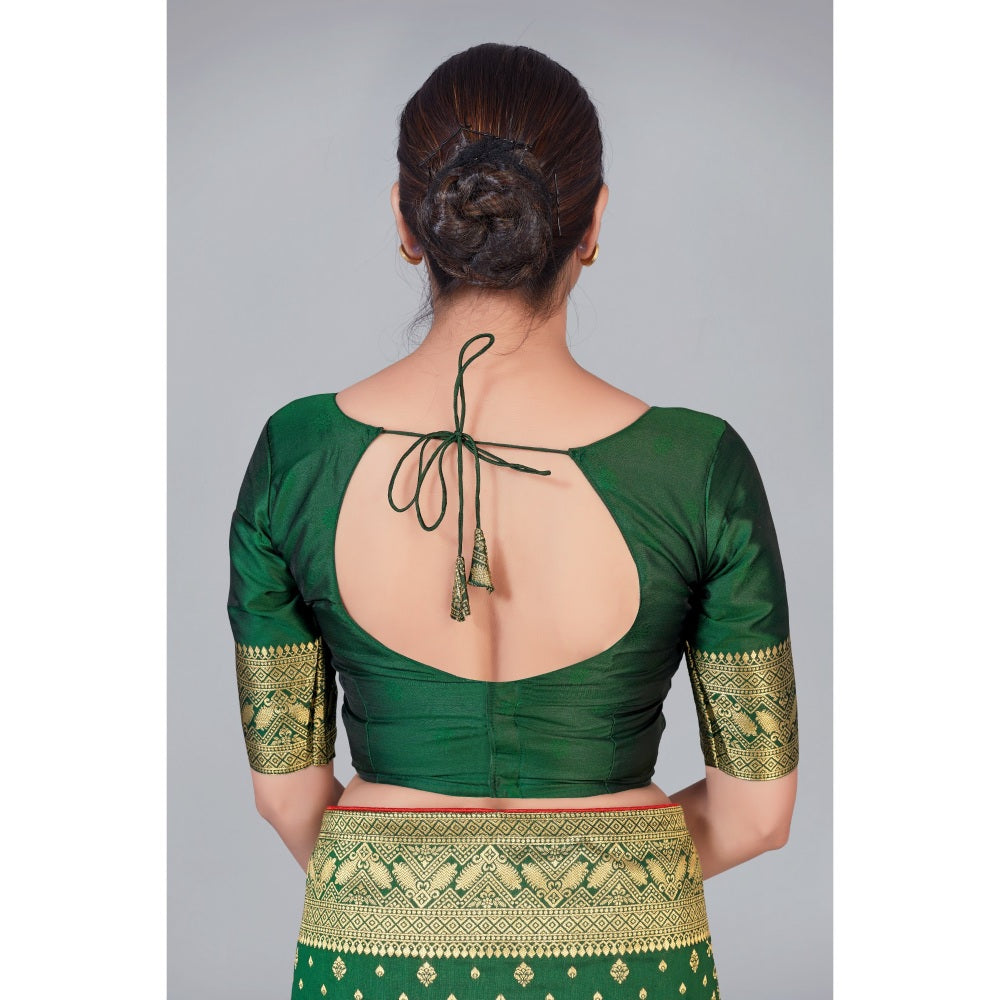 Monjolika Fashion Banarasi Silk Dark Green Zari Woven Traditional Saree with Unstitched Blouse