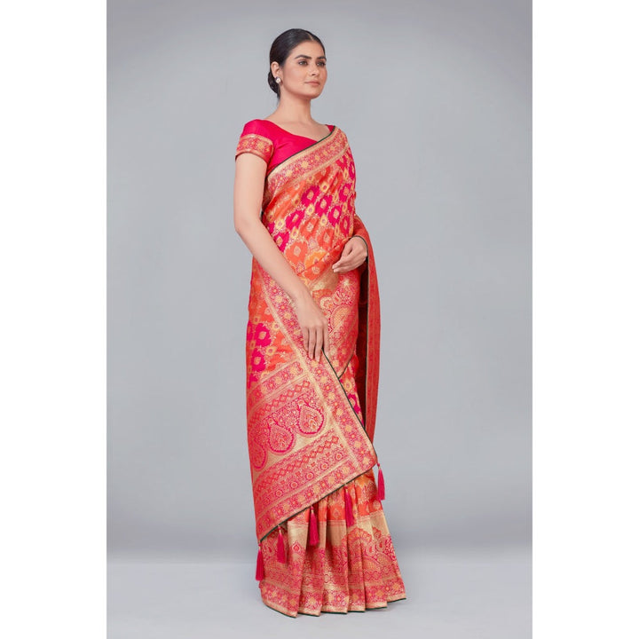 Monjolika Fashion Banarasi Silk Pink and Orange Zari Woven Traditional Saree with Unstitched Blouse