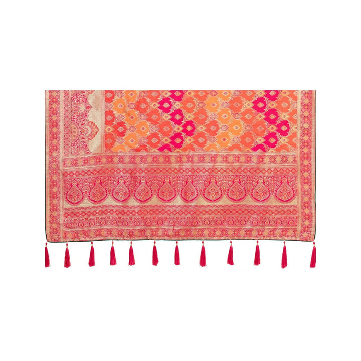 Monjolika Fashion Banarasi Silk Pink and Orange Zari Woven Traditional Saree with Unstitched Blouse