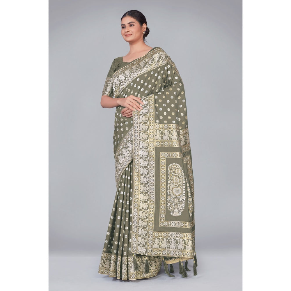 Monjolika Fashion Banarasi Silk Sage Green Zari Woven Traditional Saree with Unstitched Blouse