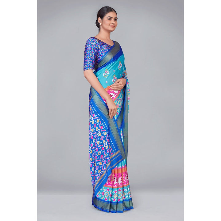 Monjolika Fashion Turquoise Patola Print Silk Blend Designer Saree with Unstitched Blouse