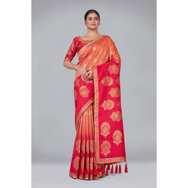 Monjolika Fashion Pink Silk Blend Woven Designer Saree with Heavy Work with Unstitched Blouse
