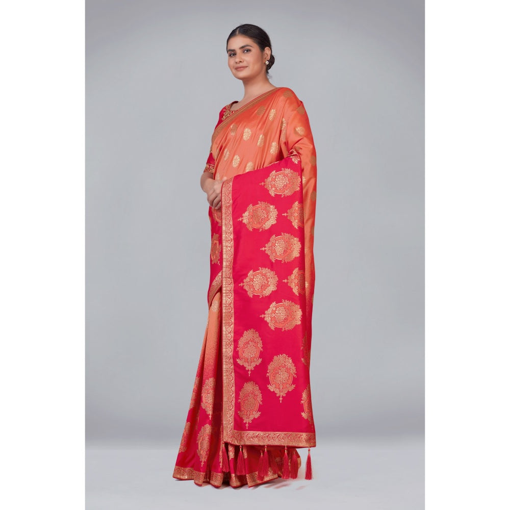 Monjolika Fashion Pink Silk Blend Woven Designer Saree with Heavy Work with Unstitched Blouse