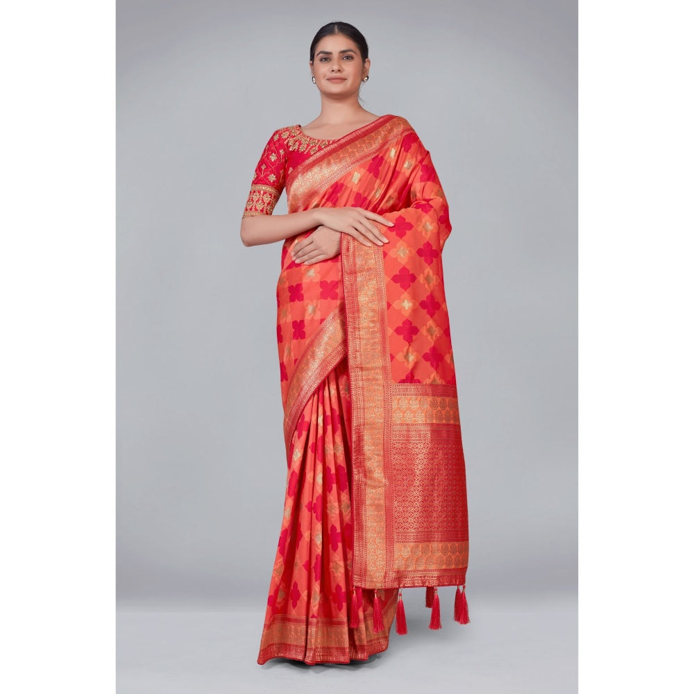 Monjolika Fashion Peach Silk Blend Woven Designer Saree with Heavy Work with Unstitched Blouse