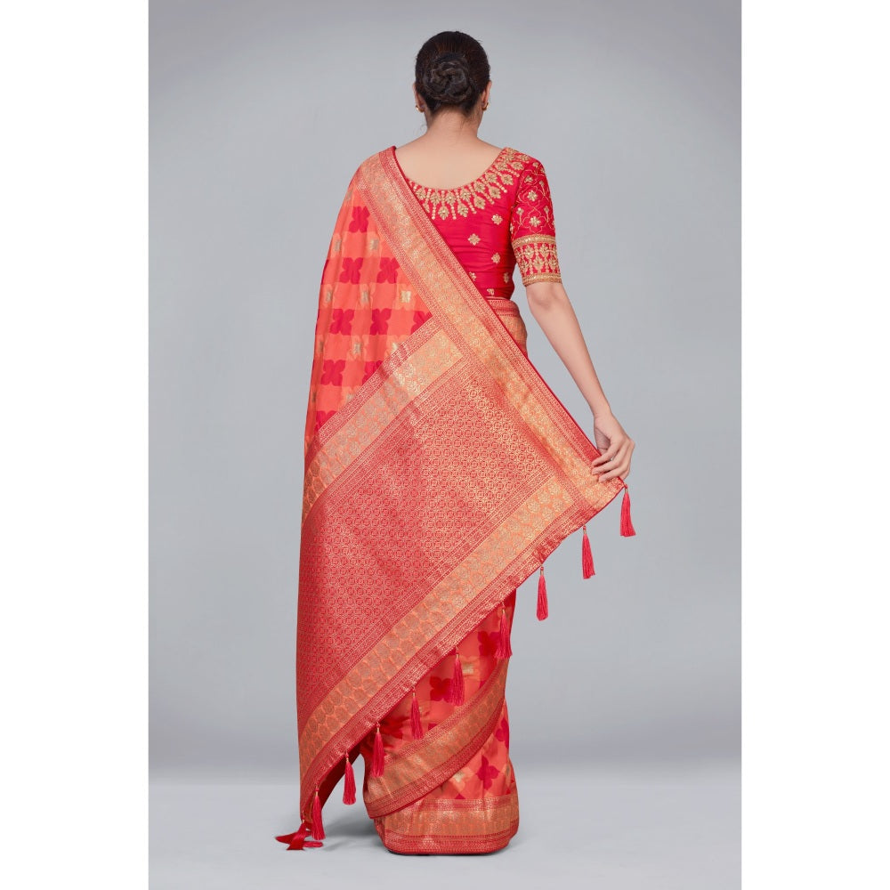 Monjolika Fashion Peach Silk Blend Woven Designer Saree with Heavy Work with Unstitched Blouse