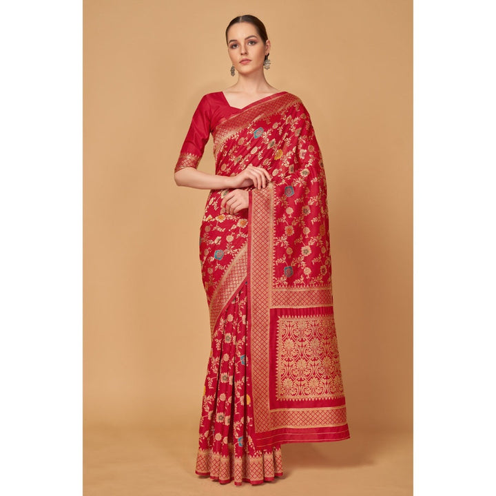 Monjolika Fashion Weaving Red Silk Classic Designer Saree with Unstitched Blouse